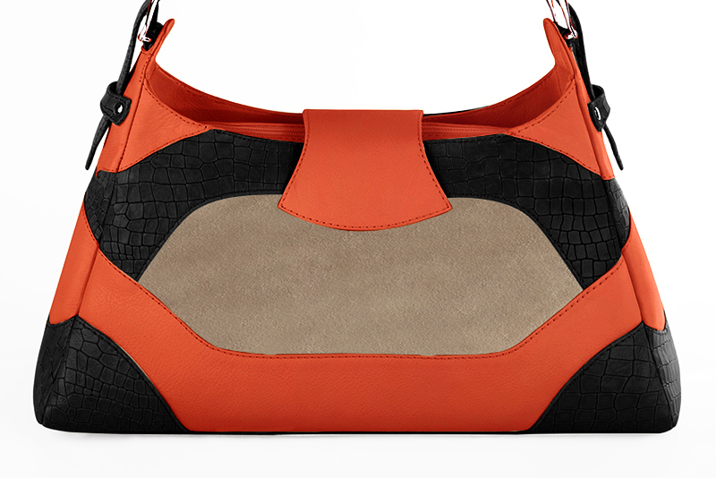Satin black, tan beige and clementine orange women's dress handbag, matching pumps and belts. Rear view - Florence KOOIJMAN